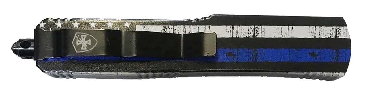 Templar Knife MBTB331 Gen II Back The Blue Slim 3.43" OTF Drop Point Plain Black Oxide Stonewashed 440C SS Blade, 5.05" Black & White w/Blue Line Aluminum Handle, Glass Breaker