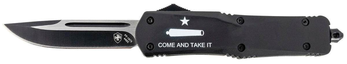 Templar Knife LCATI331 Gen II Come And Take It Large 3.50" OTF Drop Point Plain Black Oxide Stonewashed 440C SS Blade, 5.25" Black "Come And Take It" Aluminum Handle, Glass Breaker