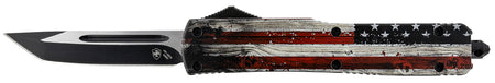 Templar Knife MWUS231 Gen II Wood US Flag Slim 3.43" OTF Tanto Plain Black Oxide Stonewashed 440C SS Blade, 5.05" Painted Wood Grain US Flag Aluminum Handle, Glass Breaker