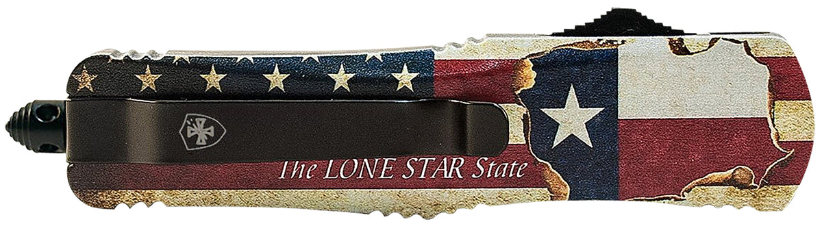 Templar Knife LTX631 Gen II Texan Large 3.50" OTF Drop Point Part Serrated Black Oxide Stonewashed 440C SS Blade, 5.25" Texas Flag Aluminum Handle, Glass Breaker