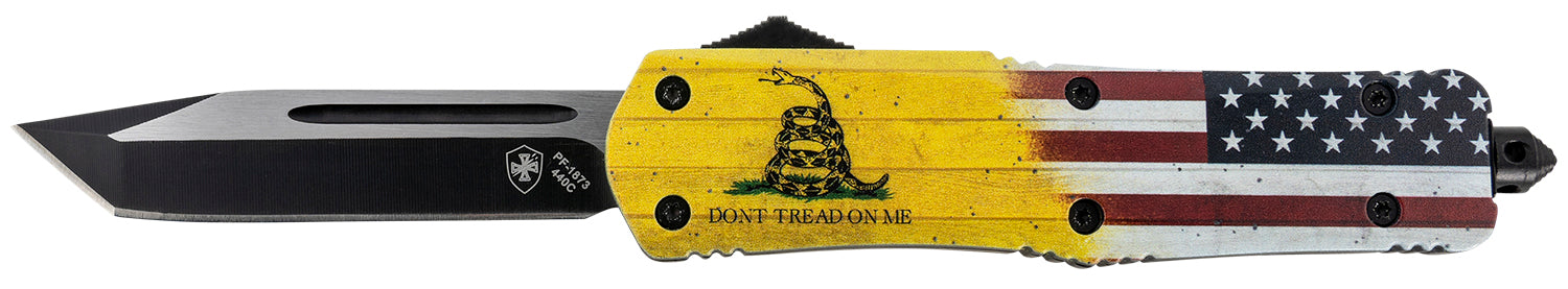 Templar Knife LDTOM231 Gen II Don't Tread On Me Large 3.50" OTF Tanto Plain Black Oxide Stonewashed 440C SS Blade, 5.25" Yellow w/Flag & "Don't Tread On Me" Aluminum Handle, Glass Breaker