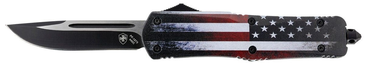 Templar Knife LUS331 Gen II US Flag Large 3.50" OTF Drop Point Plain Black Oxide Stonewashed 440C SS Blade, 5.25" US Flag Aluminum Handle, Glass Breaker