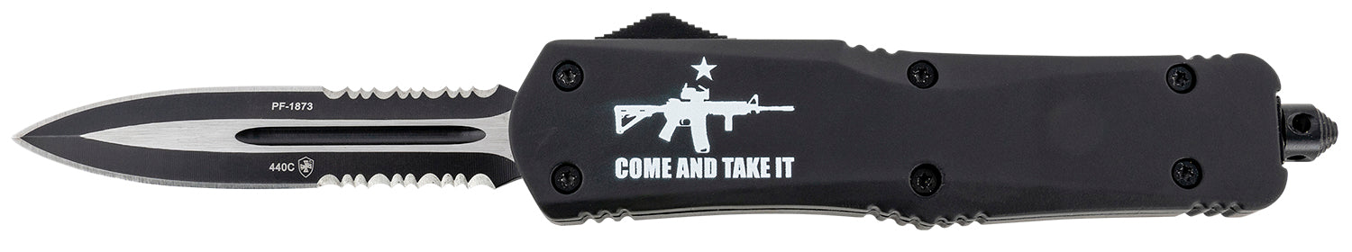 Templar Knife LAR15431 Gen II Come And Take It Large 3.50" OTF Dagger Part Serrated Black Oxide Stonewashed 440C SS Blade, 5.25" Black w/ "Come And Take It" AR-15 Gun Aluminum Handle, Glass Breaker