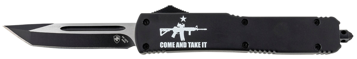 Templar Knife MAR15231 Gen II Come And Take It Slim 3.43" OTF Tanto Plain Black Oxide Stonewashed 440C SS Blade, 5.05" Black w/ "Come And Take It" AR-15 Gun Aluminum Handle, Glass Breaker