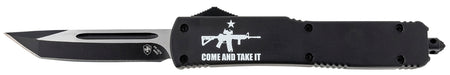 Templar Knife MAR15231 Gen II Come And Take It Slim 3.43" OTF Tanto Plain Black Oxide Stonewashed 440C SS Blade, 5.05" Black w/ "Come And Take It" AR-15 Gun Aluminum Handle, Glass Breaker