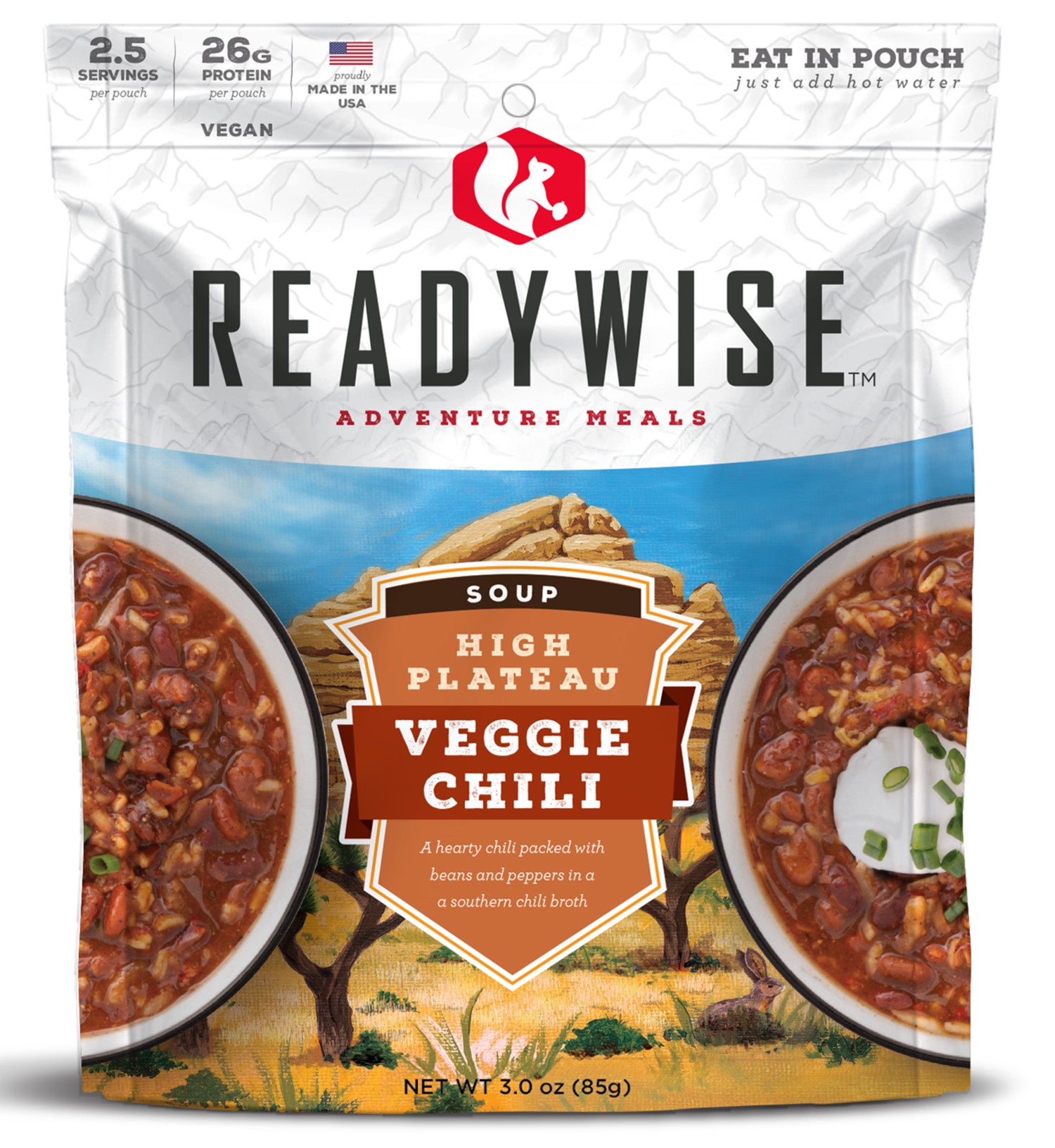 ReadyWise RW05011 Outdoor Food Kit High Plateau Veggie Chili Soup 2.5 Servings In A Resealable Pouch, 6 Per Case 855491007338