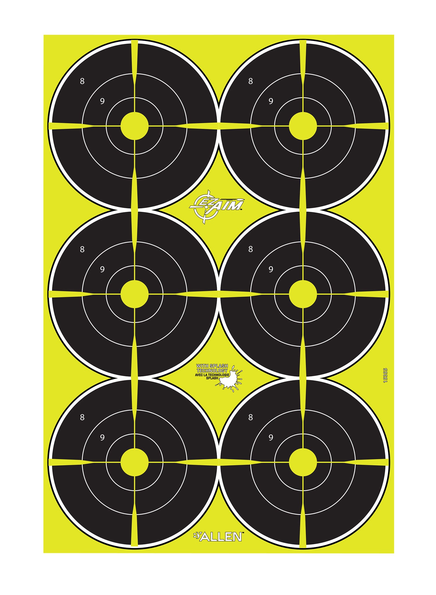 EZ-Aim 15355 Splash Reactive Bullseye Hanging Paper 12" x 18" Black/Yellow Yellow 8 Pack