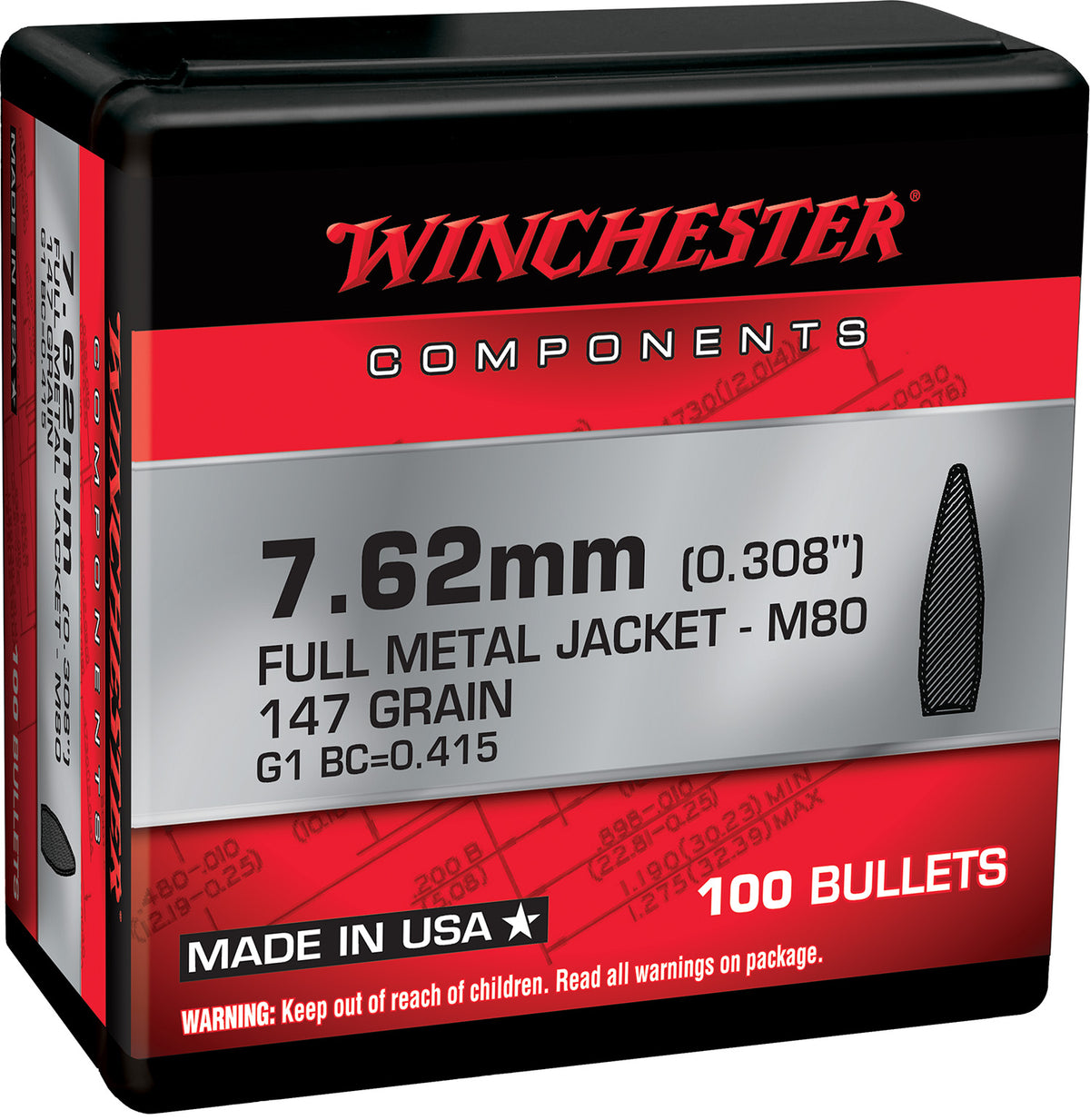 Winchester Ammo WB762147NX Centerfire Rifle 308Win 7.62x51mmNATO 147gr Full Metal Jacket 100 Per Box/10 Case