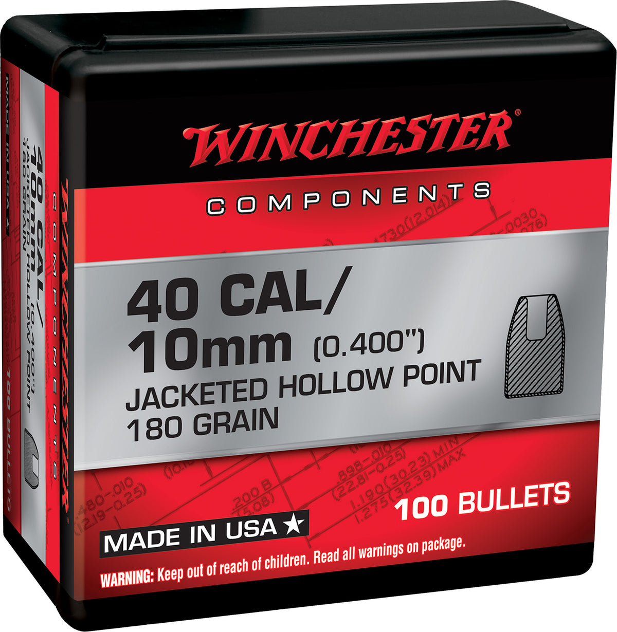 Winchester Ammo WB40HP180X Centerfire Handgun Reloading 40S&W 180gr Jacketed Hollow Point 100 Per Box/10 Case