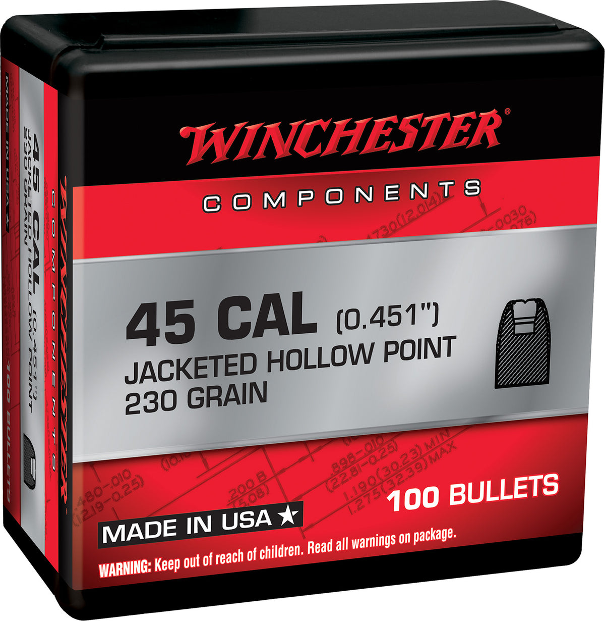 Winchester Ammo WB45HP230X Centerfire Handgun Reloading 45Cal 230gr Jacketed Hollow Point 100 Per Box/10 Case