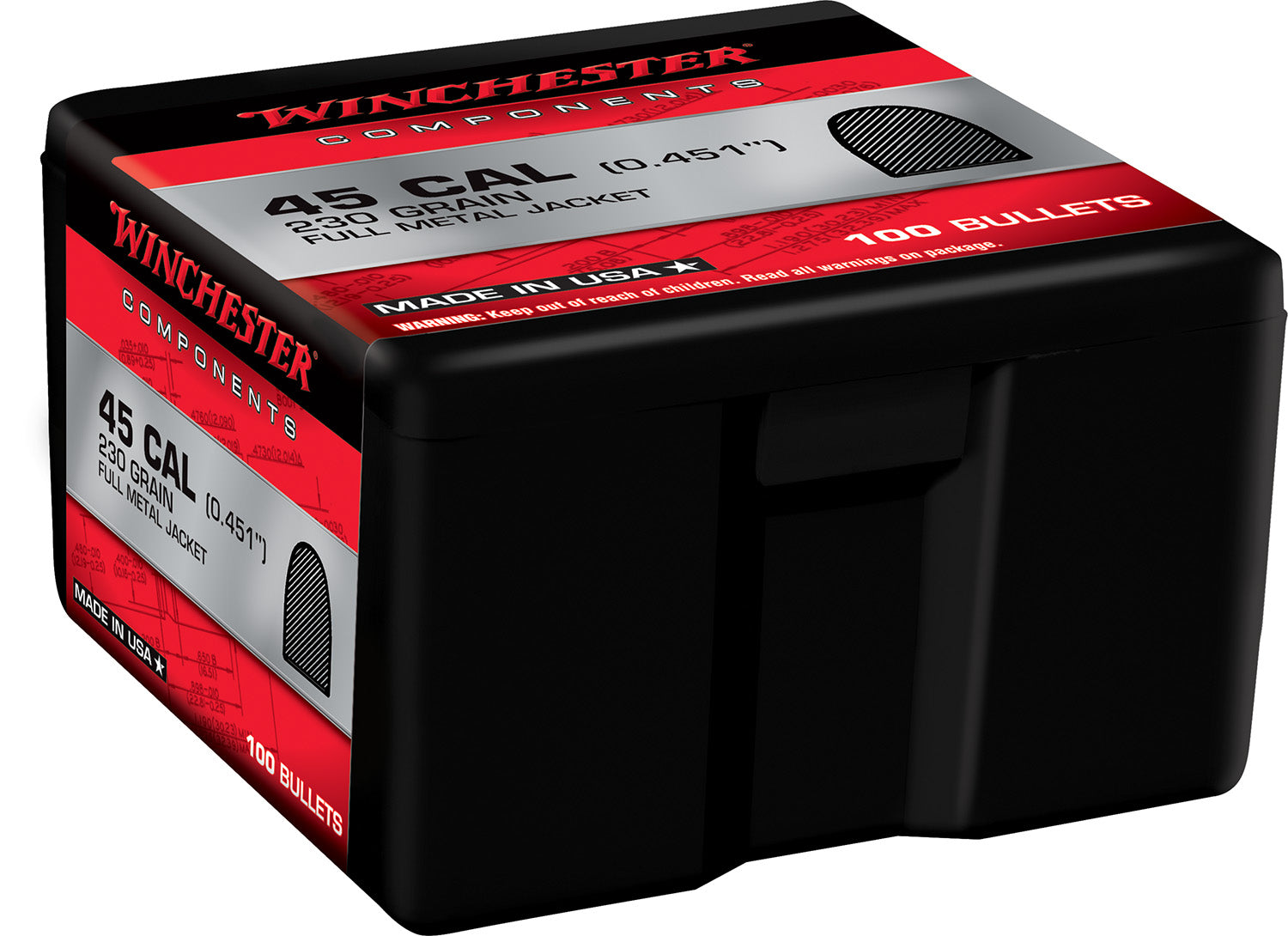 Winchester Ammo WB45MC230X Centerfire Handgun Reloading 45Cal 230gr Full Metal Jacket 100 Per Box/10 Case
