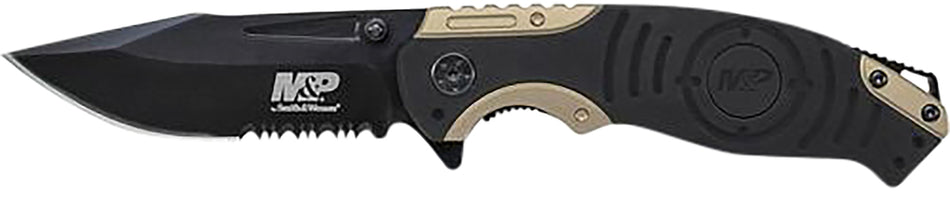 Smith & Wesson Knives SWP13BSCP M&P 3.50" Folding Drop Point Part Serrated Stonewashed 8Cr13MoV SS Blade/Black & Tan Aluminum Handle Includes Pocket Clip