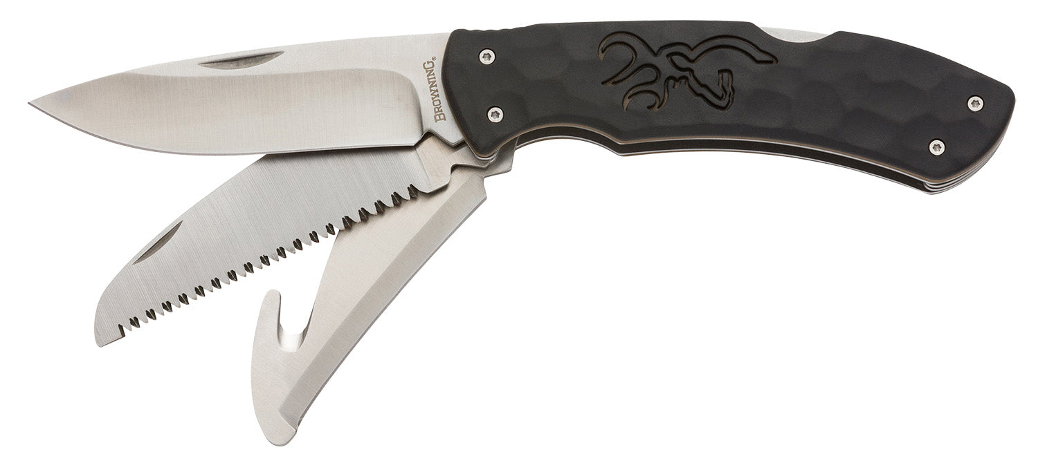 Browning 3220430 Primal Kodiak Slim 3.75" Folding Drop Point/Gut Hook/Saw 8Cr13MoV SS Blade Black Polymer w/Rubber Overmold Handle Includes Nylon Belt Pouch