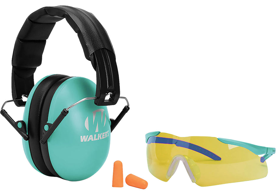Walker's GWPYWFM2GFPLTL Folding Muff Combo 23 dB Over the Head Folding Muff, Foam Ear Plugs, Shooting Glasses Black/Teal Polymer Fits Youth/Women