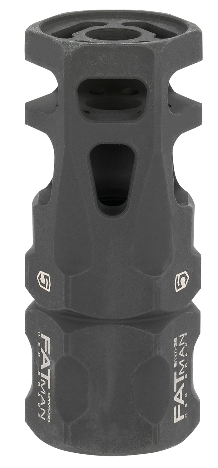 Phase 5 Weapon Systems FATMAN9MM FATman Hex Brake Black Parkerized Steel with 1/2"-36 tpi Threads & 3" OAL for 9mm, 7.62x39mm, 6.8mm AR-Platform
