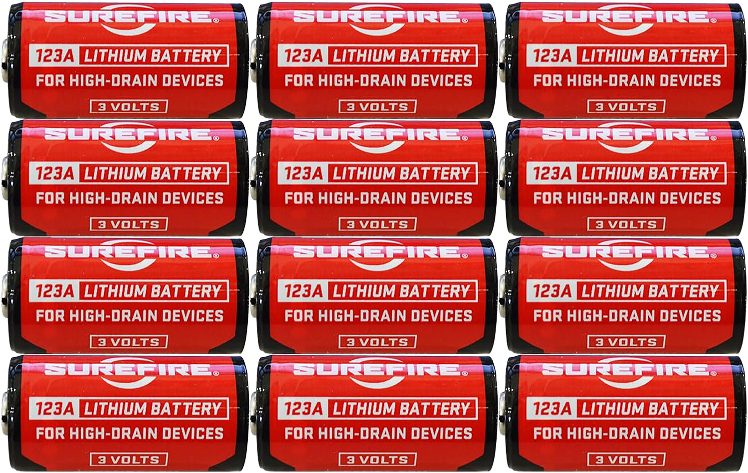 SureFire SF12ABBCS 123A Batteries Red/Black 3.0 Volts 1,550 mAh (12) Single Package Clamshell
