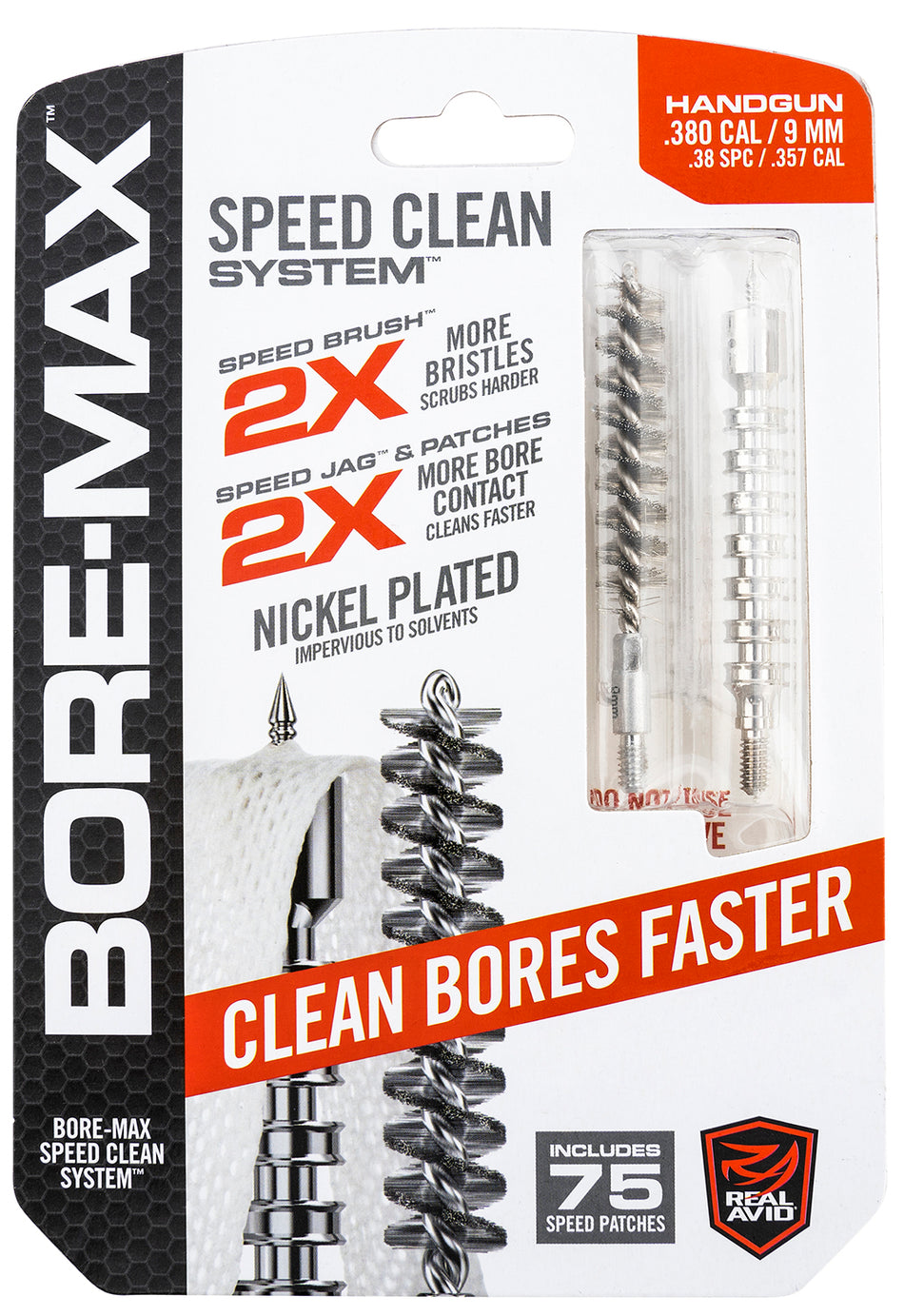 Real Avid AVBMSET9MM Bore-Max Speed Clean Upgrade Set 9mm Pistol Nickle Plated Bristles Blister Pack Case