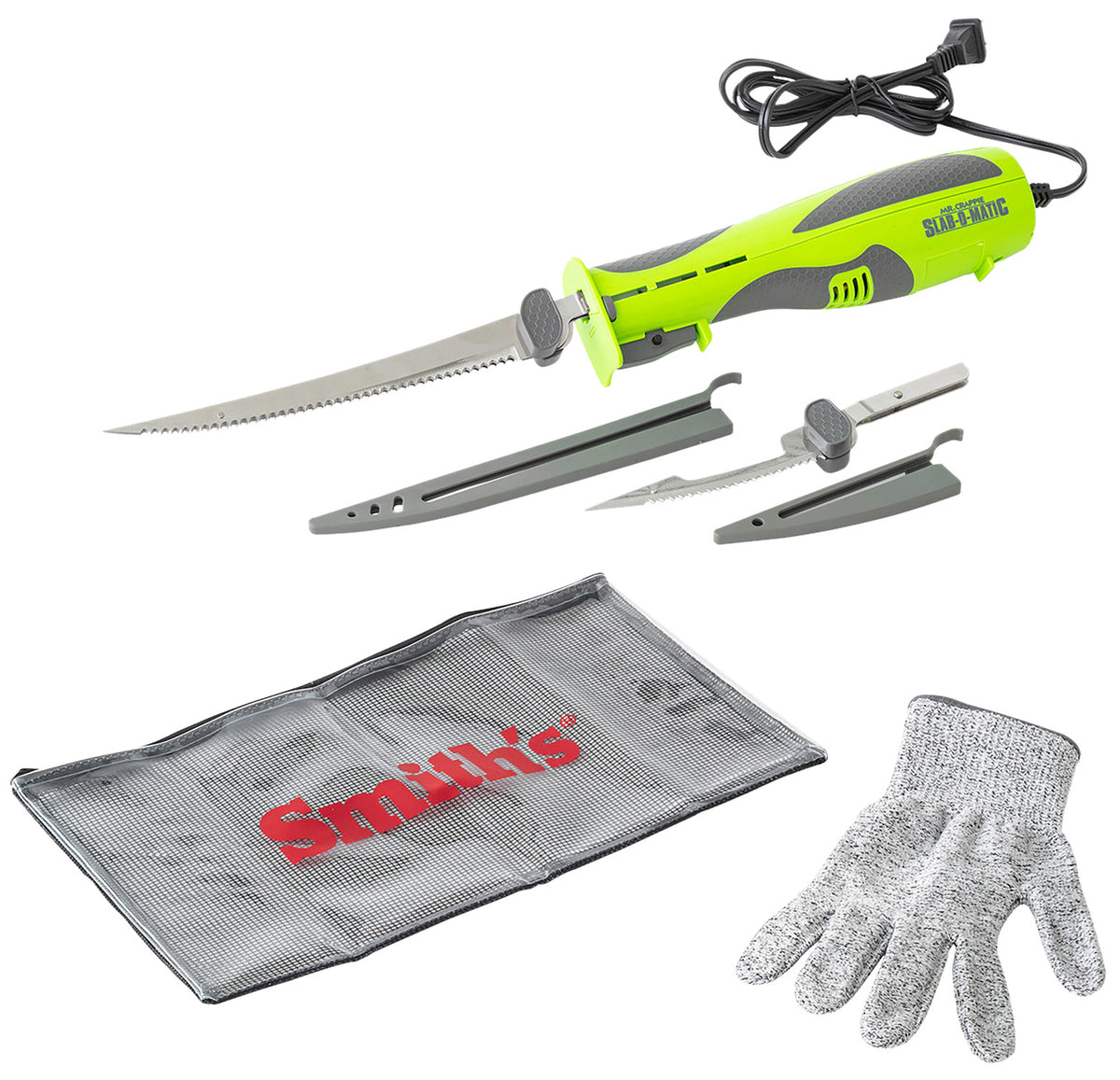 Smiths Products 51207 Mr. Crappie Slab-O-Matic 8"/4.50" Fillet/Ribcage Serrated Stainless Steel Blade Electric Green/Gray Vented Includes Power Cord/Fillet Glove/Mesh Storage Bag