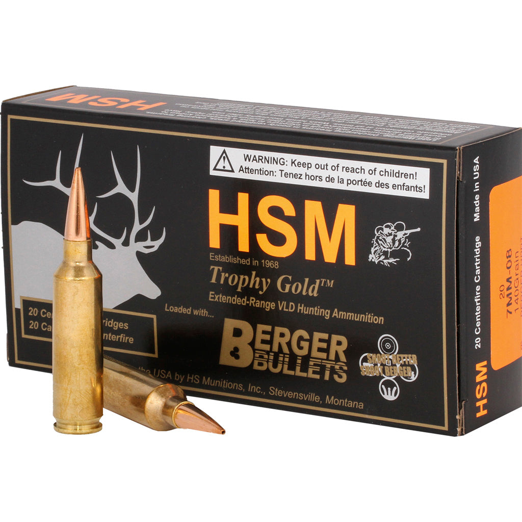 HSM 7mm-08 Remington Trophy Gold 140gr Berger Hunting VLD Match Ammo