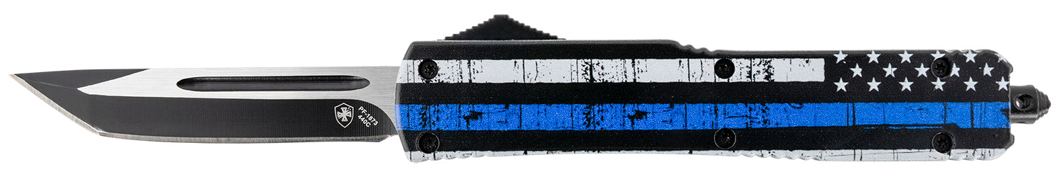 Templar Knife MBTB231 Gen II Back The Blue Slim 3.43" OTF Tanto Plain Black Oxide Stonewashed 440C SS Blade, 5.05" 4.31" Black & White w/Blue Line Aluminum Handle, Glass Breaker