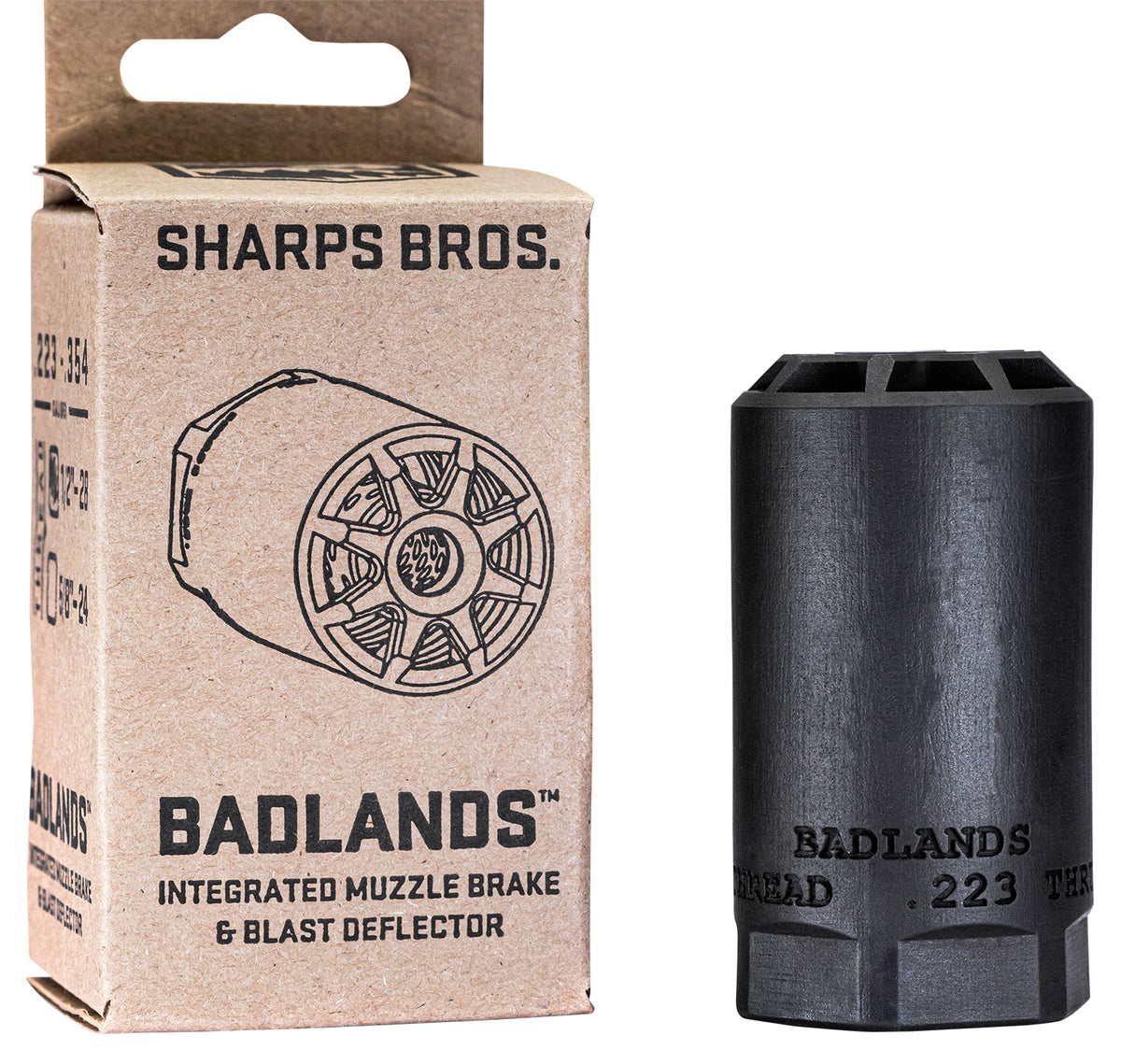 Sharps Bros BAD02 Badlands Muzzle Brake/Blast Deflector, Heat Treated 17-4 Stainless Steel w/Nitride Finish, 5/8"-24 tpi Threads 2.75"L 1.50"D for Multi-Caliber (.223-.354) Full-Auto Rated