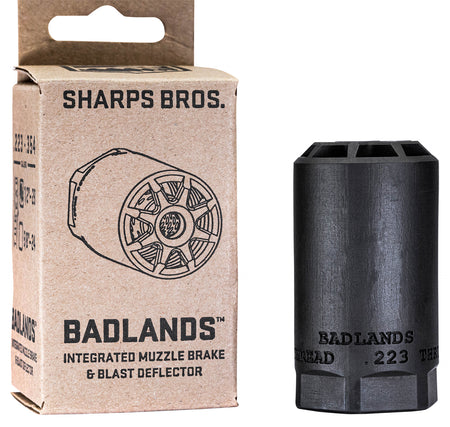 Sharps Bros BAD02 Badlands Muzzle Brake/Blast Deflector, Heat Treated 17-4 Stainless Steel w/Nitride Finish, 5/8"-24 tpi Threads 2.75"L 1.50"D for Multi-Caliber (.223-.354) Full-Auto Rated