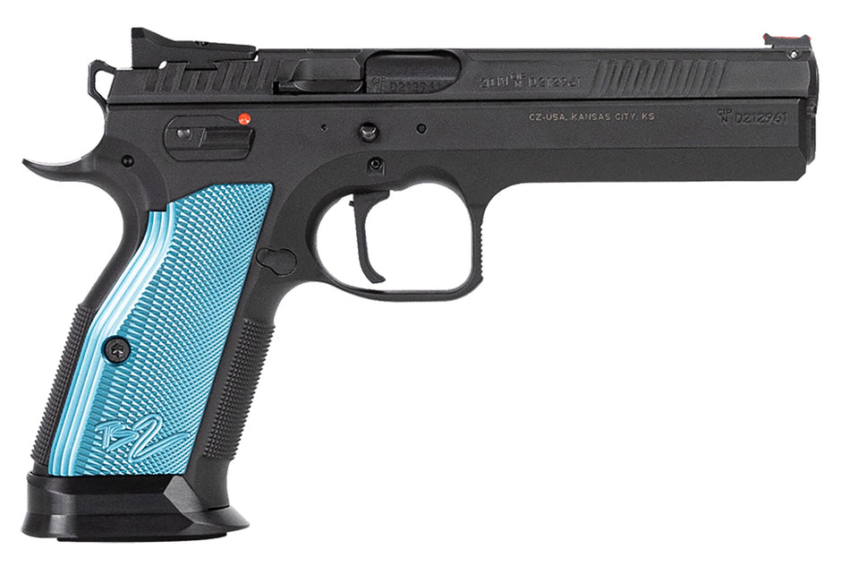 CZ-USA 91222 TS 2 40 S&W 17+1 5.28" Black Steel Barrel, Black Serrated Steel Slide, Black Polycoat Steel Frame w/Beavertail, Blue Checkered Aluminum Grip, Ambidextrous