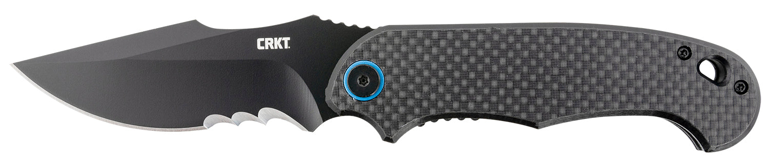 CRKT 7920K P.S.D. 3.63" Folding Recurve Veff Serrated Black EDP 4116 Stainless Steel Blade/ Black w/Blue Backspacer G10/Carbon Fiber Handle Includes Pocket Clip