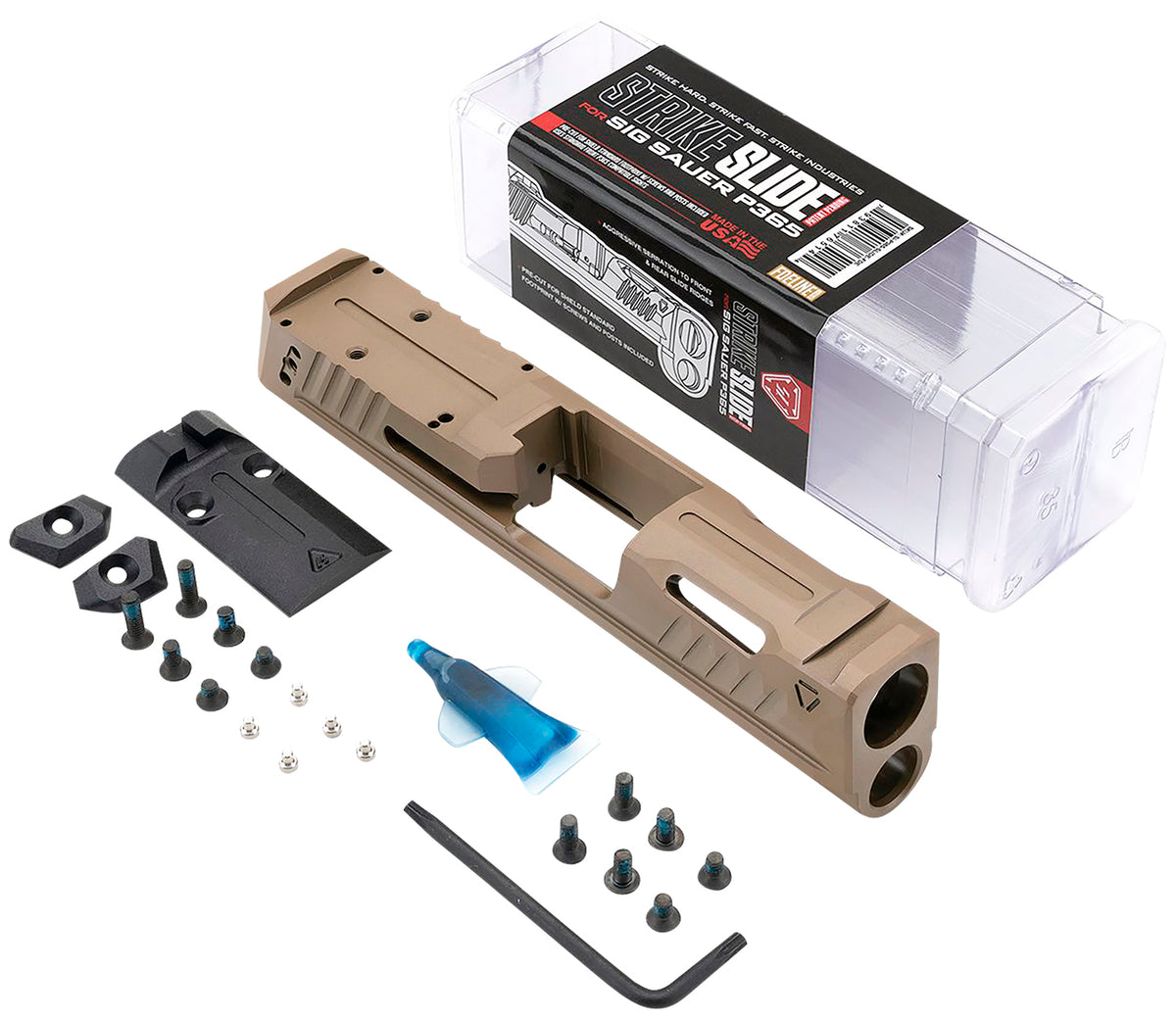 Strike Industries P365-SLIDE-FDE Strike Replacement Slide Flat Dark Earth Stainless Steel with Ports & Optics Cut for Sig P365 Includes Charging Handle