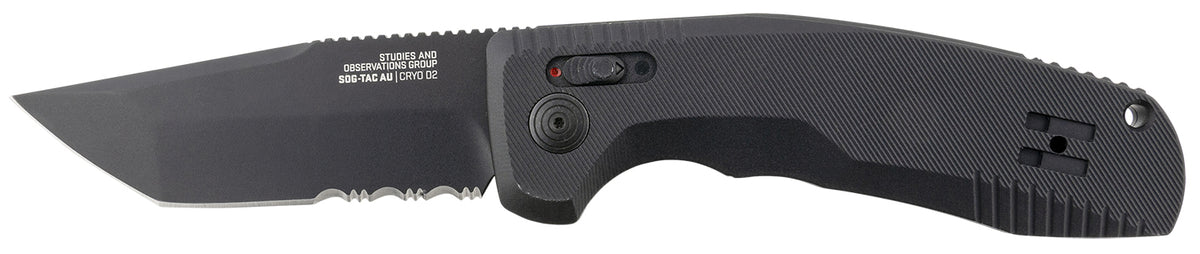 S.O.G SOG15380457 SOG-TAC Auto 3.43" Folding Tanto Part Serrated Black TiNi Cryo D2 Steel Blade Black Micro-Textured Anodized Aluminum Handle Includes Pocket Clip