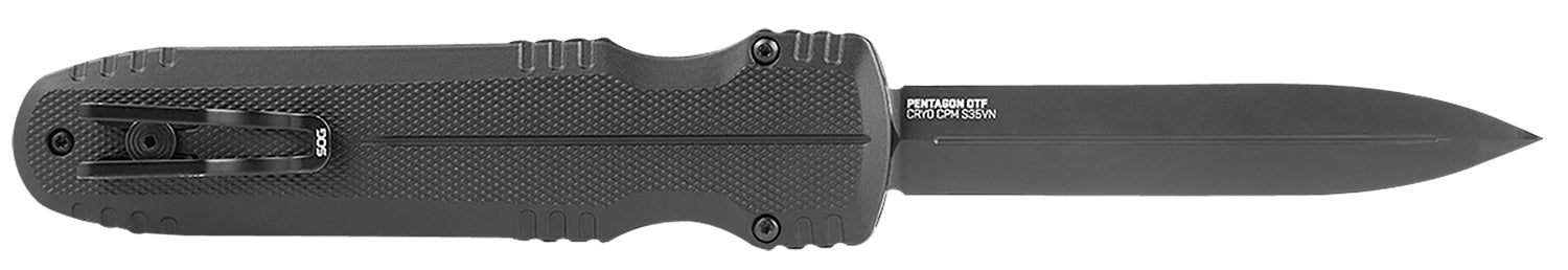 S.O.G SOG15610157 Pentagon 3.79" OTF Spear Point Plain Black TiNi Cryo CPM S35VN Steel Blade, Blackout Aluminum Handle