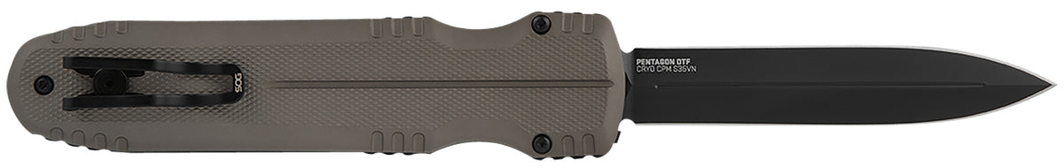 S.O.G SOG15610257 Pentagon 3.79" OTF Spear Point Plain Black TiNi Cryo CPM S35VN Steel Blade, Flat Dark Earth Aluminum Handle