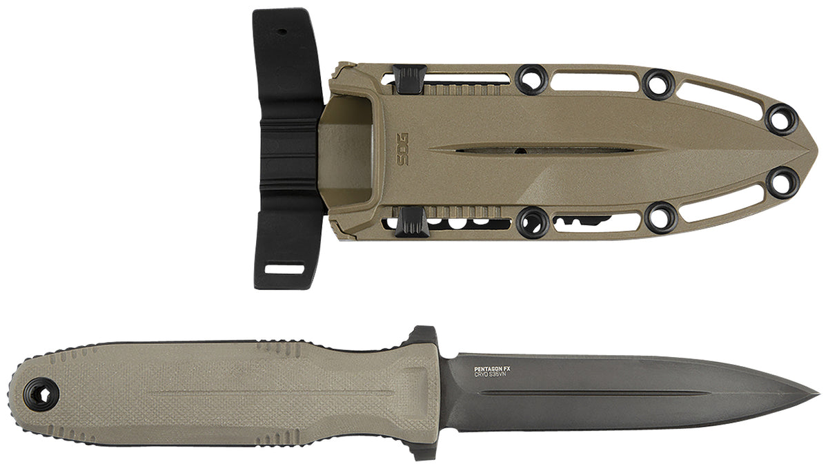 S.O.G SOG17610257 Pentagon FX 4.77" Fixed Spear Point Plain Black Titanium Nitride Cryo CPM S35VN Blade/G10 FLat Dark Earth Handle