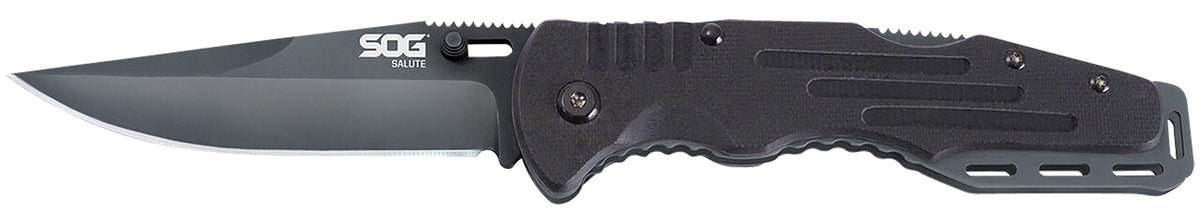 S.O.G SOG-FF11-CP Salute 3.62" Folding Clip Point Plain Black Hardcased 8Cr13MoV SS Blade Black G10 Handle Includes Belt Clip