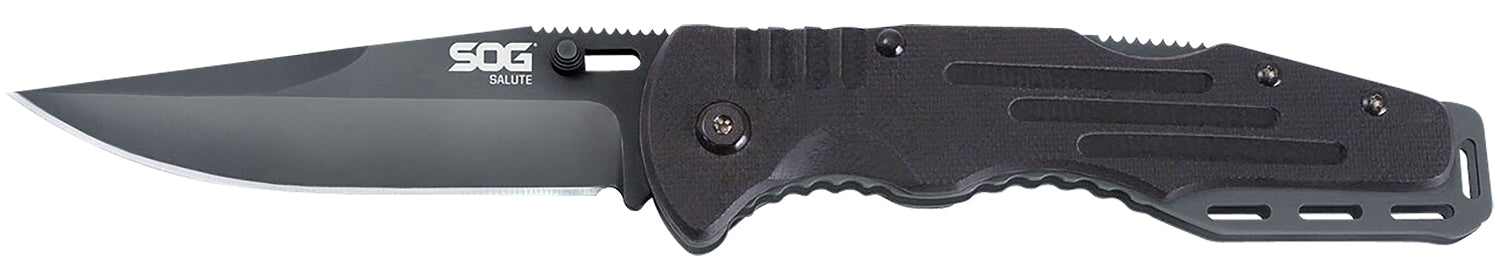 S.O.G SOG-FF11-CP Salute 3.62" Folding Clip Point Plain Black Hardcased 8Cr13MoV SS Blade Black G10 Handle Includes Belt Clip