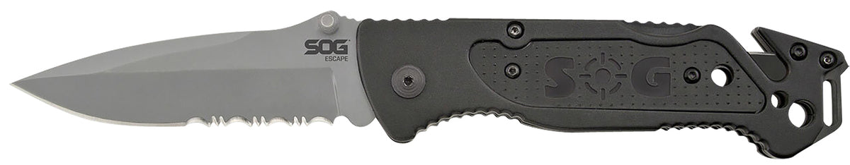 S.O.G SOG-FF24-CP Escape 3.40" Folding Clip Point Part Serrated Bead Blasted 9Cr18MoV SS Blade Black Anodized Aluminum Handle Includes Belt Clip