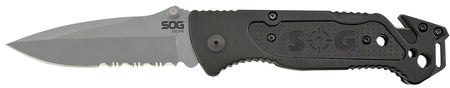 S.O.G SOG-FF24-CP Escape 3.40" Folding Clip Point Part Serrated Bead Blasted 9Cr18MoV SS Blade Black Anodized Aluminum Handle Includes Belt Clip