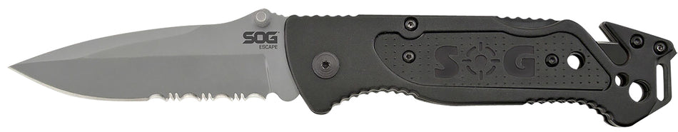 S.O.G SOG-FF24-CP Escape 3.40" Folding Clip Point Part Serrated Bead Blasted 9Cr18MoV SS Blade Black Anodized Aluminum Handle Includes Belt Clip