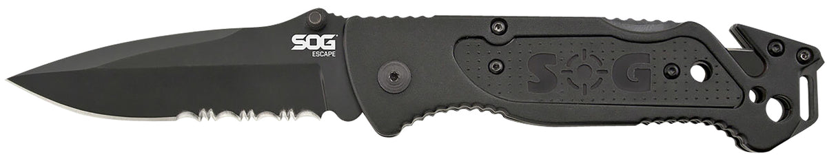 S.O.G SOGFF25CP Escape 3.40" Folding Clip Point Part Serrated Black Hardcased 9Cr18MoV SS Blade Black Anodized Aluminum Handle Includes Belt Clip