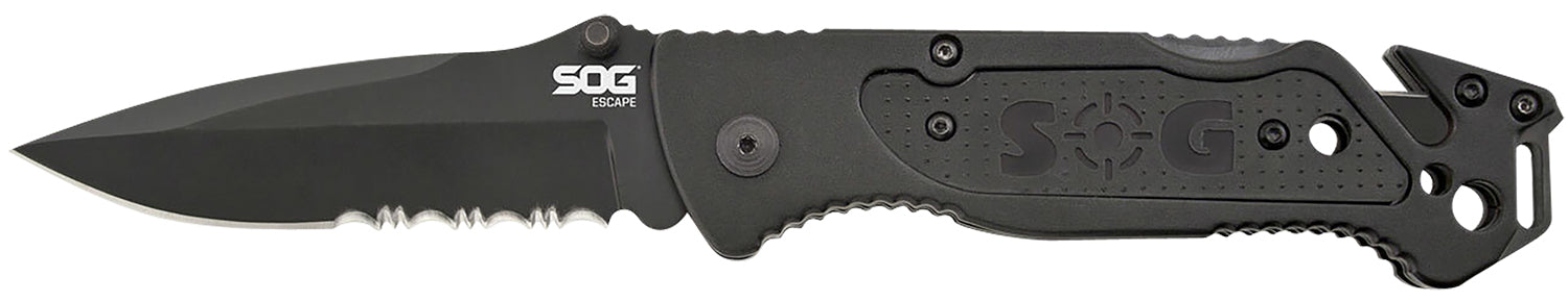 S.O.G SOGFF25CP Escape 3.40" Folding Clip Point Part Serrated Black Hardcased 9Cr18MoV SS Blade Black Anodized Aluminum Handle Includes Belt Clip