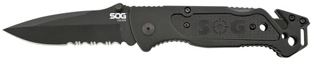 S.O.G SOGFF25CP Escape 3.40" Folding Clip Point Part Serrated Black Hardcased 9Cr18MoV SS Blade Black Anodized Aluminum Handle Includes Belt Clip