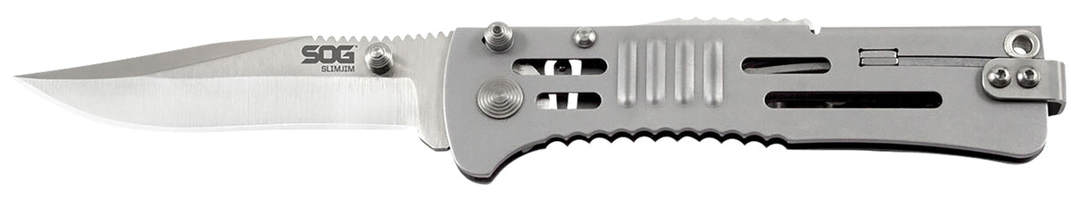 S.O.G SOG-SJ31-CP SlimJim 3.18" Folding Clip Point Plain Satin AUS-8A SS Blade Bead Blasted 420 Stainless Steel Handle Includes Belt Clip