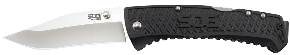 S.O.G SOG-TD1011-C Traction 3.50" Folding Clip Point Plain Satin 5Cr13MoV SS Blade Black Textured GRN Handle Includes Pocket Clip