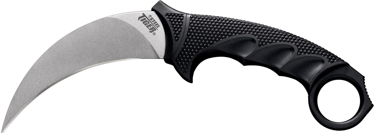 Cold Steel CS49KST Steel Tiger 4.75" Fixed Plain Stone Washed Japanese AUS-8A SS Blade/Black w/Thumb Shelf & Finger Ring Griv-Ex w/Overmold Kray-Ex Handle