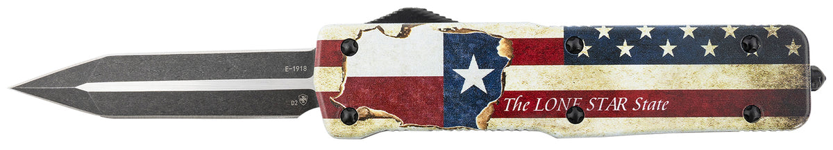 Templar Knife LZTX121 Premium Weighted Texan Large 3.55" OTF Dagger Plain Black Oxide Stonewashed D2 Steel Blade, 5.25" Red/White/Blue w/"The LONE STAR State" Aluminum Zinc Alloy Handle