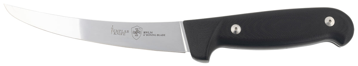 Templar Knife K6BBK362 Boning 6" Fixed Plain Damasteel Blade, 5" Black G10 Handle