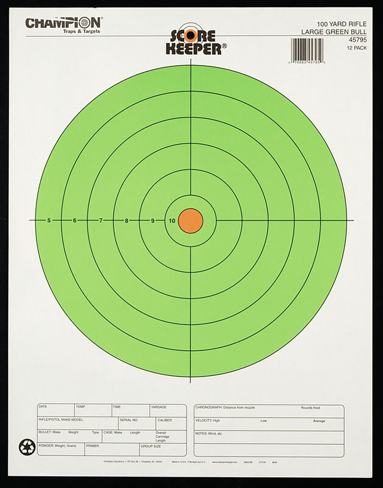Champion Targets 45795 Score Keeper Bullseye Paper Hanging 100 yds Rifle Large Fluorescent Green & Orange 12 PK