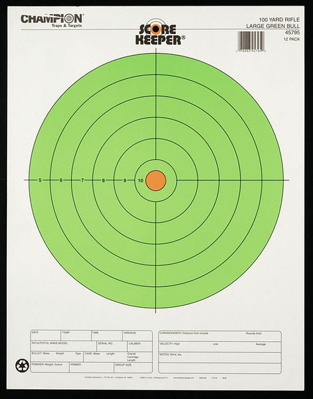 Champion Targets 45795 Score Keeper Bullseye Paper Hanging 100 yds Rifle Large Fluorescent Green & Orange 12 PK