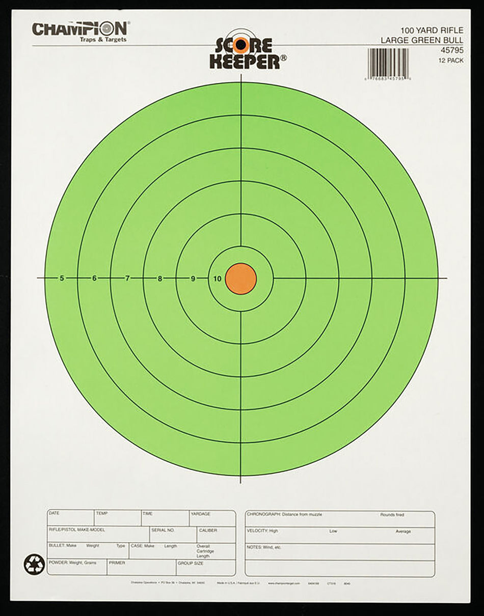 Champion Targets 45795 Score Keeper Bullseye Paper Hanging 100 yds Rifle Large Fluorescent Green & Orange 12 PK