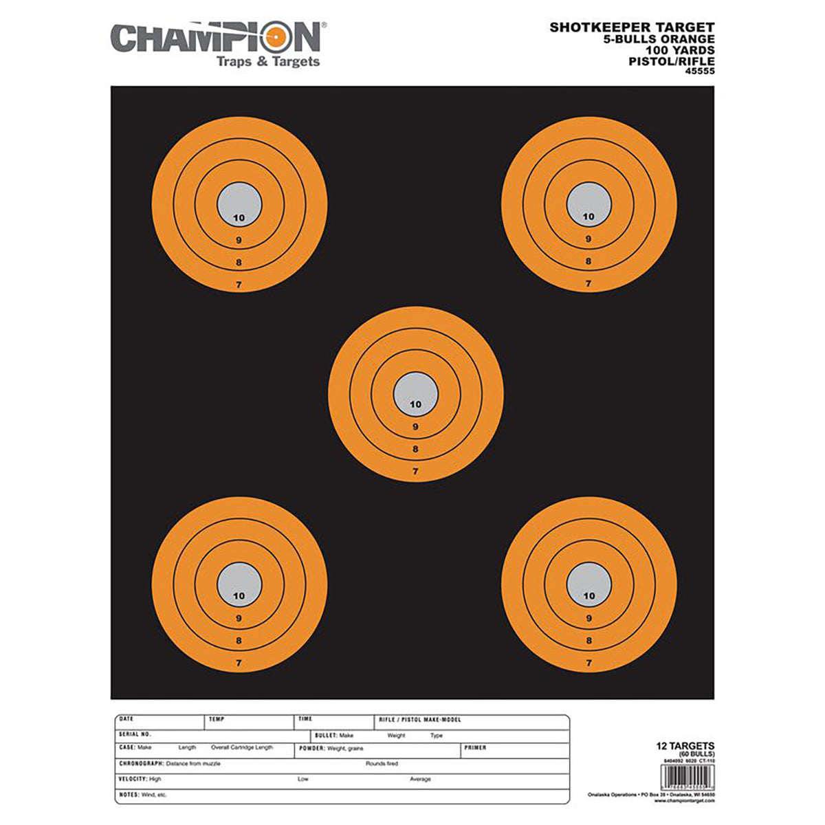 Champion Targets 45555 Shotkeeper 5" Bullseye Paper 100 yds Pistol/Rifle Large Black/Orange 12 PK